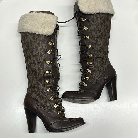 Michael Kors Warrior Lace Up High Heels Leather Tall Boots Sherpa Brown Size 6.5 - Picture 1 of 12
